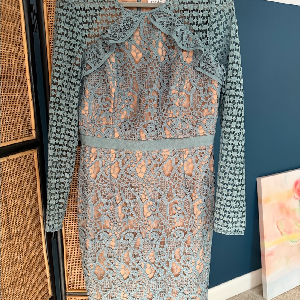 Barneys New York Blue Lace Long Sleeve Dress